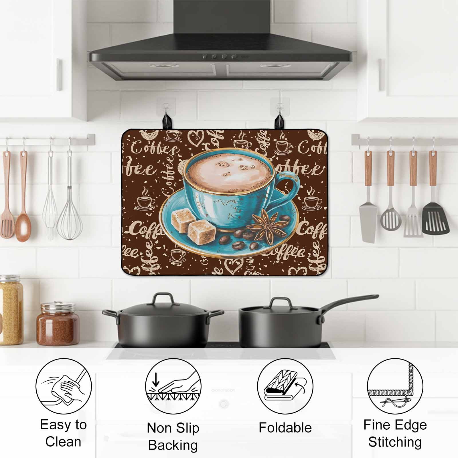 Coffee Stove Top Cover for Electric Stove, Heat-proof & Non Slip Glass Top Stove Cover Protector, Brown Teal Pastoral Vintage Art Kitchen Flat Cooktop Rubber Mat 24x21 Inches