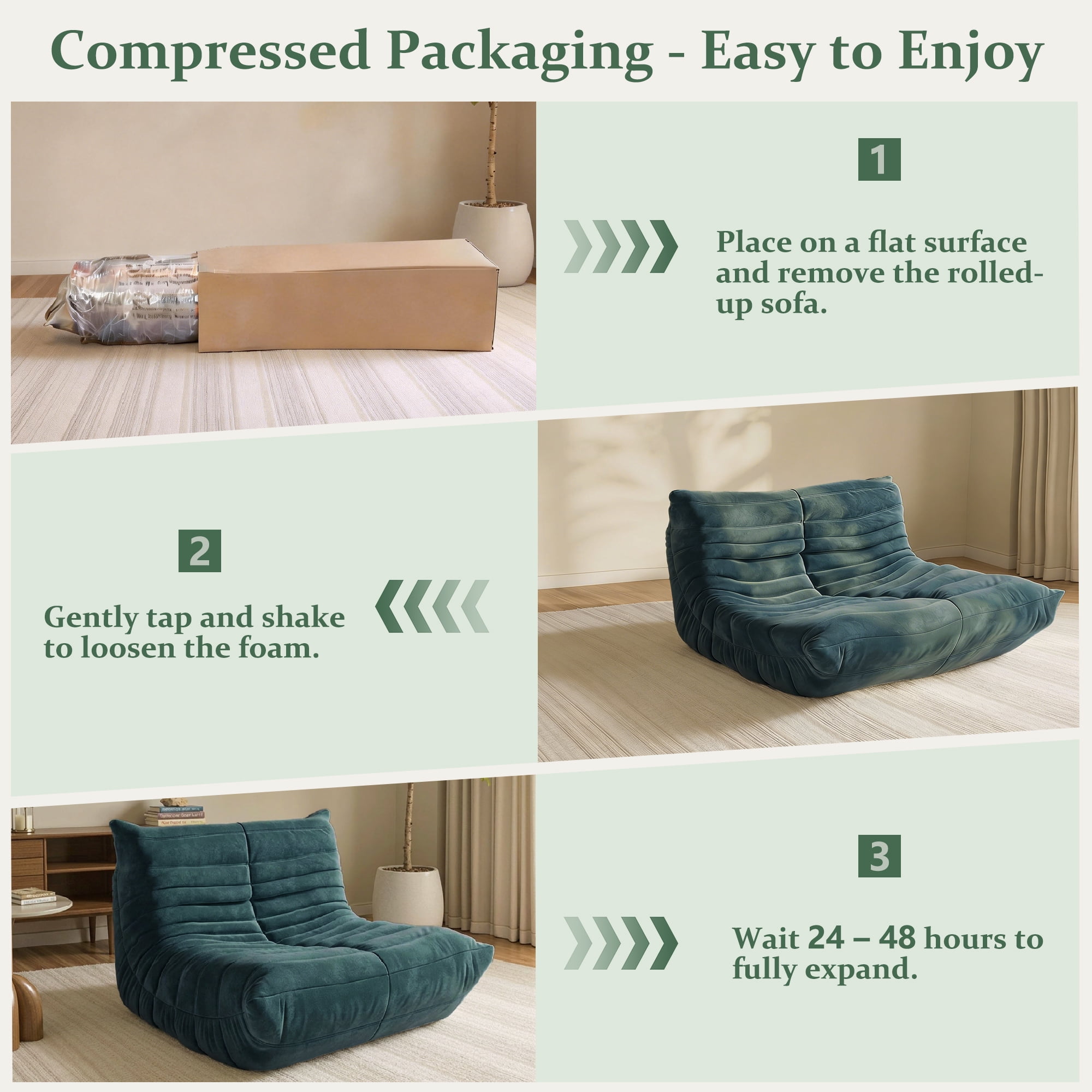 LineCrispton Memory Foam Bean Bag Chair for Adults, Luxury Fabric Compressed Sofa in a Box, Dark Green, Single