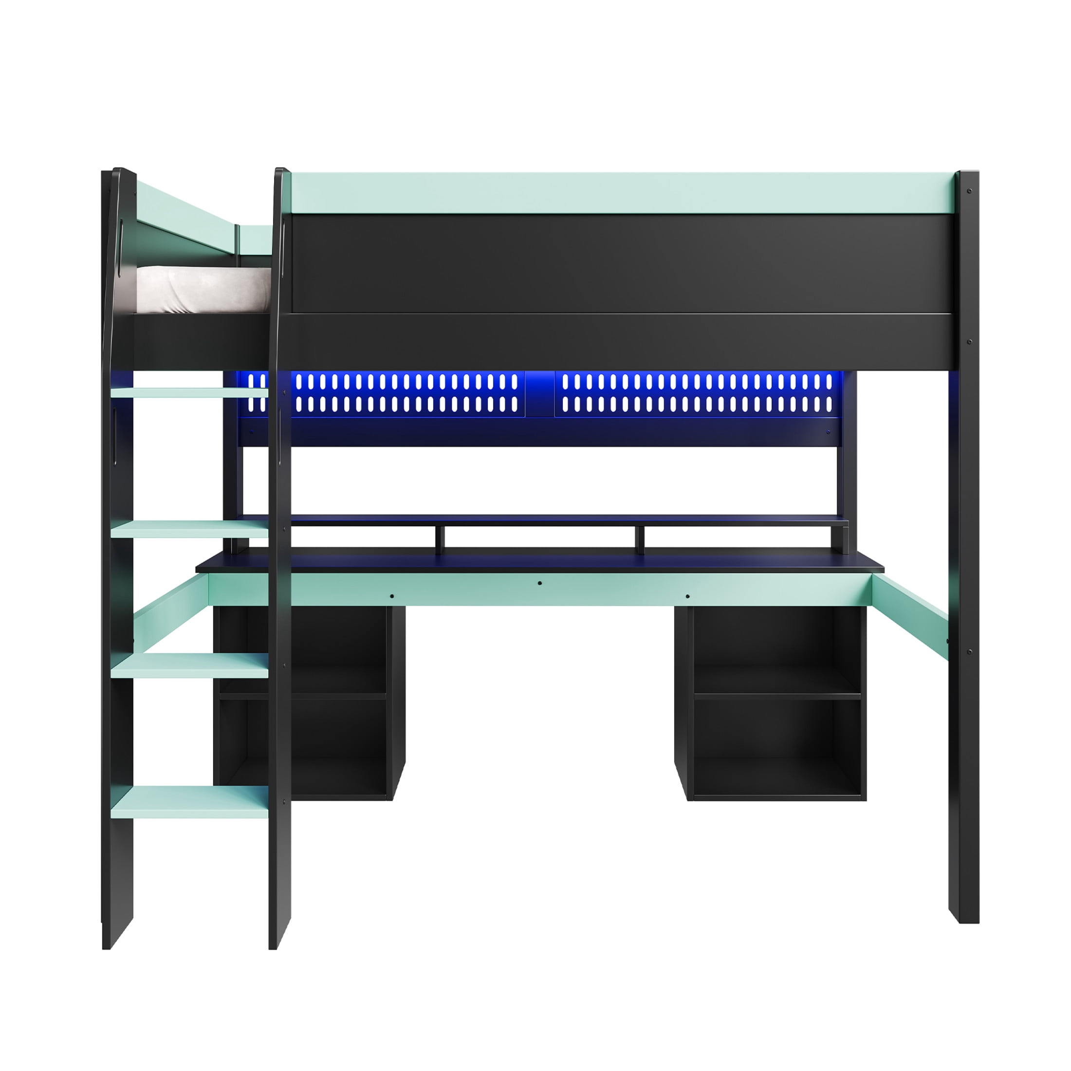 Noble House Dalmor Full Size Loft Bed with Multi-Color LED Lights, Detachable Pegboard & Gaming Desk, Black & Blue