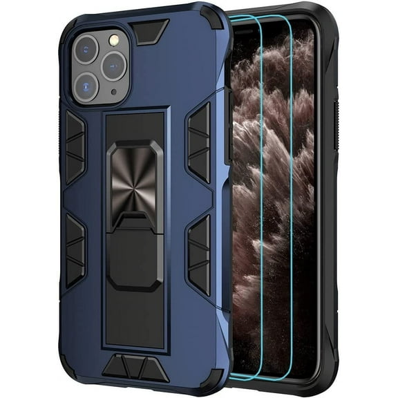 Military Grade Drop iPhone 11 Pro Case with Tempered Glass Screen Protector Shockproof with Kickstand Stand Built-in Magnetic Car Mount Protective Case for iPhone 11 Pro Phone Case (Blue)