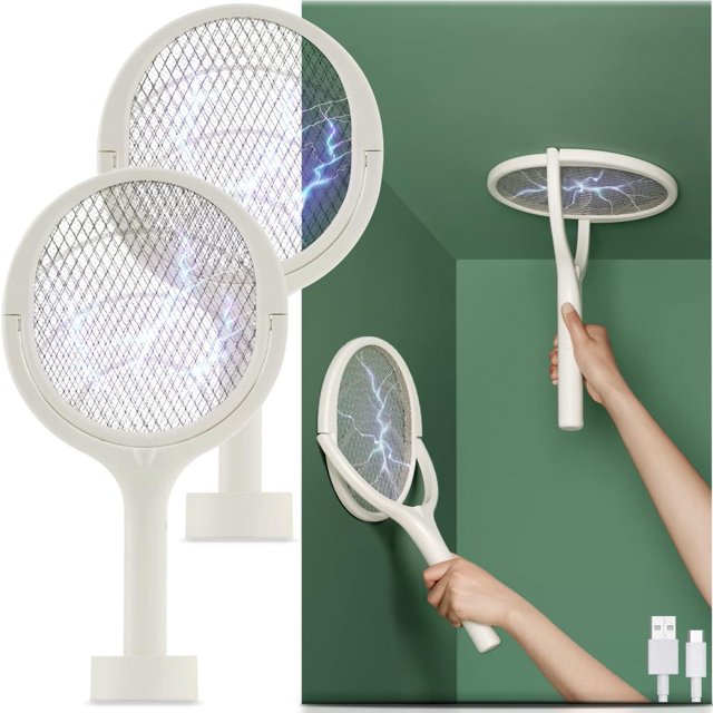 Rotating Head Rechargeable Electric Fly Swatter Electric Fly Swatter Racket Bug Zapper Racket Mosquito Zapper Bug Zapper Indoor Fruit Fly Zapper Racket Spider Killer Trap Wasp Catcher