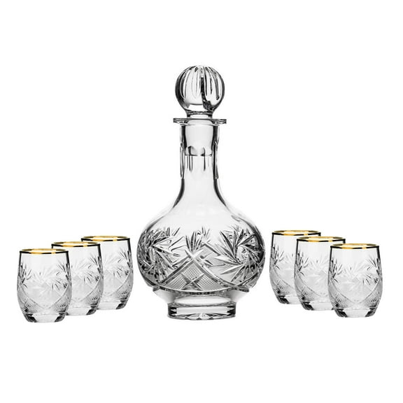 7-Piece Russian Crystal Vintage Vodka Set, 16-Oz Decanter Carafe w/ 6 Shot Sherry Liquor Shooter Glasses, Old-fashioned Glassware (5108G)