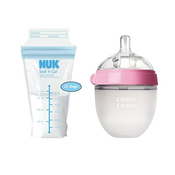 Comotomo Silicone 5 Ounce Baby Bottle with Breast Milk Bags, Pink