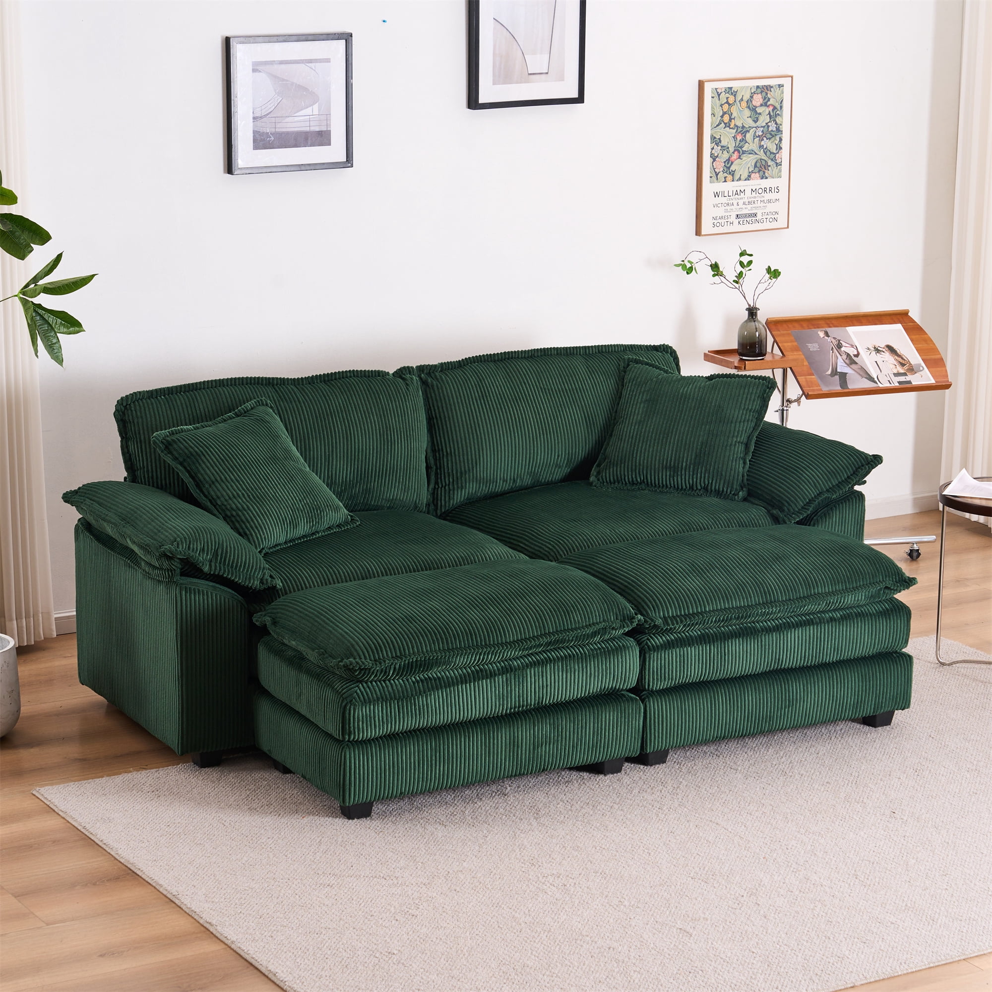 Aukfa Modular Sectional Couch Deep Seat Loveseat Sofa with 2 Ottoman for Living Room, 6 Pillows, Corduroy, Green