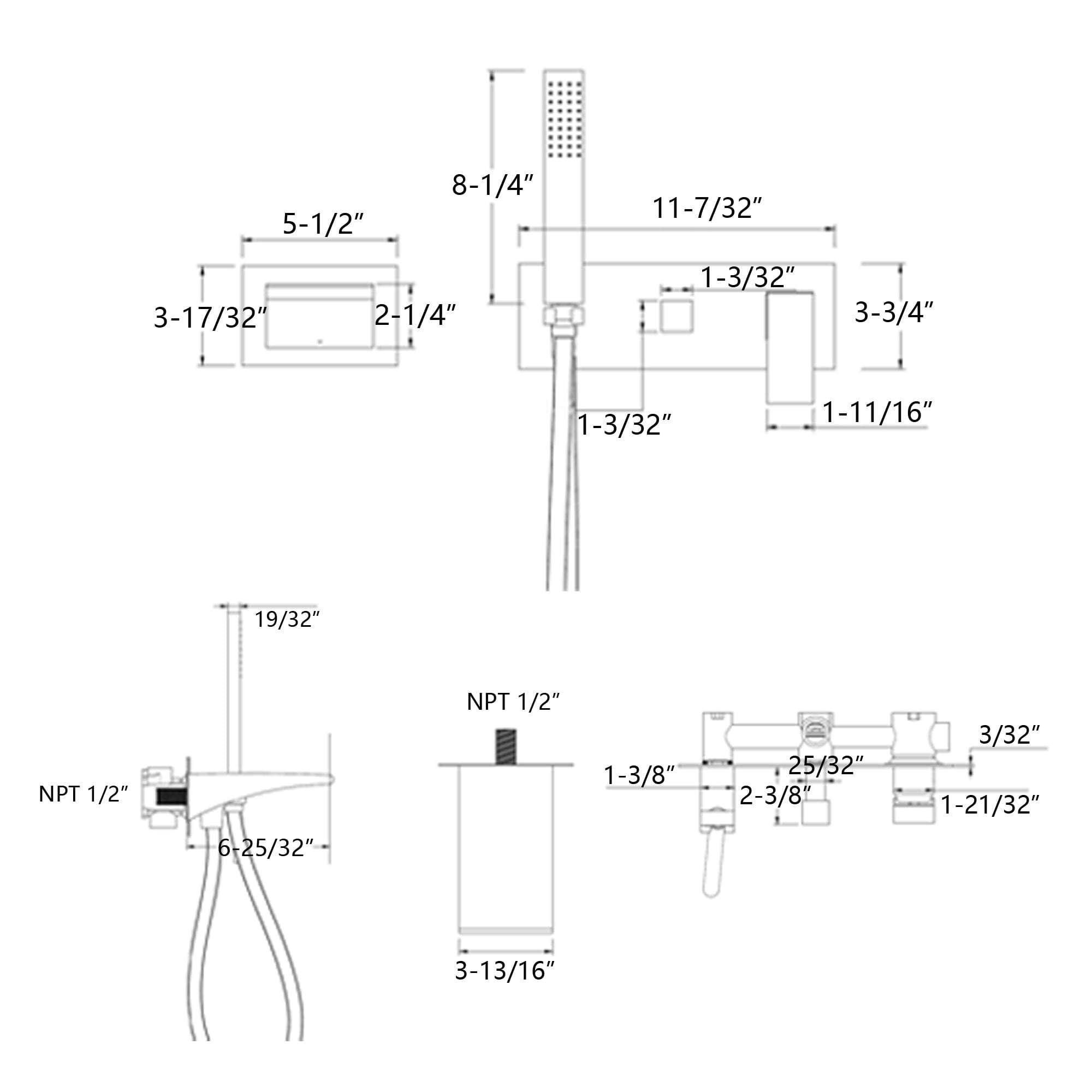Sumerain Wall Mount Tub Filler Brushed Nickel with Waterfall Tub Spout and Handheld Shower, High Flow