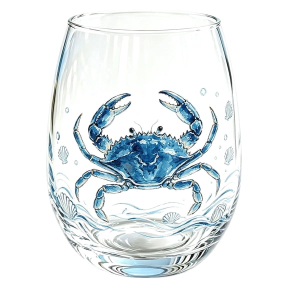 Nautical Stemless Wine Glass Watercolor Sea Life Design Clear Drinking Tumbler Beach Style Glass Cup for Water Wine Cocktail Ocean Decor