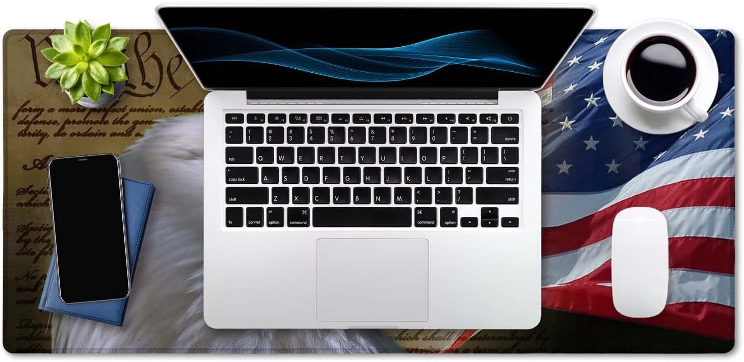 Bald Eagle on American Flag Mouse Pad 35.4 x 15.7 Inch XXL Full Desk Mousepad Extended Large Non-Slip Rubber Base Waterproof Big Keyboard Mat with Stitched Edges for Gaming and Office