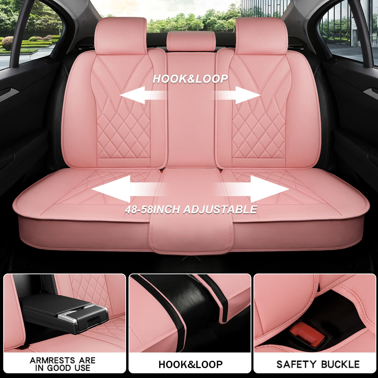 OTOEZ Universal Pink Car Seat Cover PU Leather 5-Seat Full Set Waterproof Front & Rear Cushion Protector Fit Most Honda Toyota Chevy Ford Nissan SUV