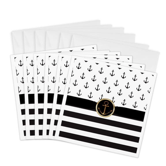 3drose, Black and White Nautical Anchors and Stripes with a Band, 6 Greeting Cards with Envelopes