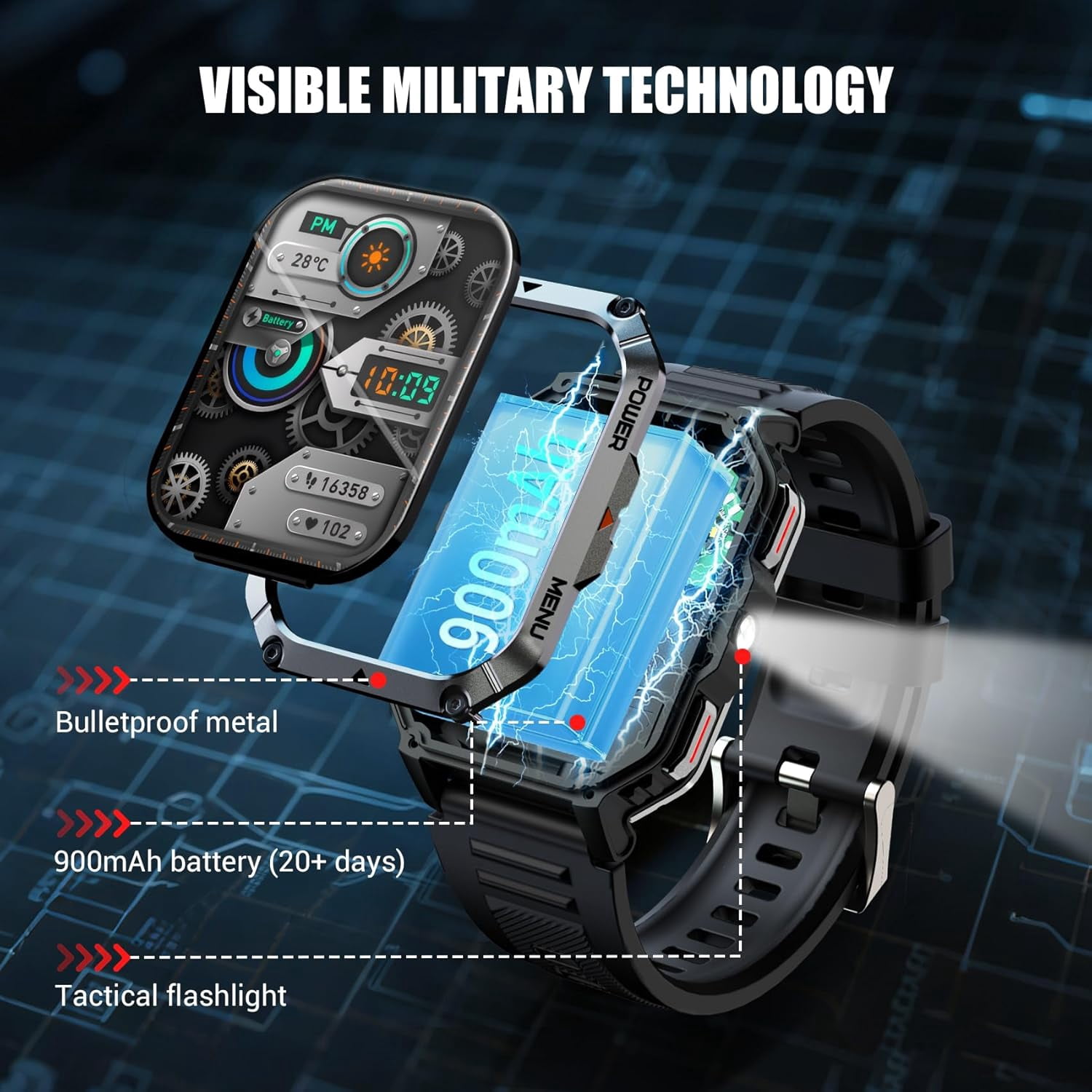 Blackview 2.01" Military Smart Watch for Men,with Calling,Flashlight,Compass,100+ Sports Modes,Large 900 mAh Battery, fits for Android iPhone,Black