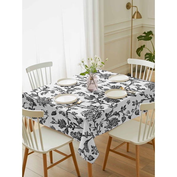 Black Flower Tablecloth Rectangle Table Cloth 52x70, Waterproof Tablecloth Outdoor Table Cloth, Vintage Farmhouse Boho Leaf Spring Plant Washable Table Cover for Kitchen Dinning Party