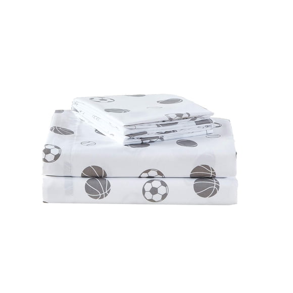 Chezmoi Collection 3-Piece Kids/Teens Sports Sheet Set - Soft Microfiber White Gray Baseball Basketball Football Soccer, Twin Size