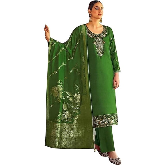 Indian Pakistani Designer Ready to Wear Shalwar Kameez Palazzo Pant with Dupatta Suits ( Green, XL - 44 )
