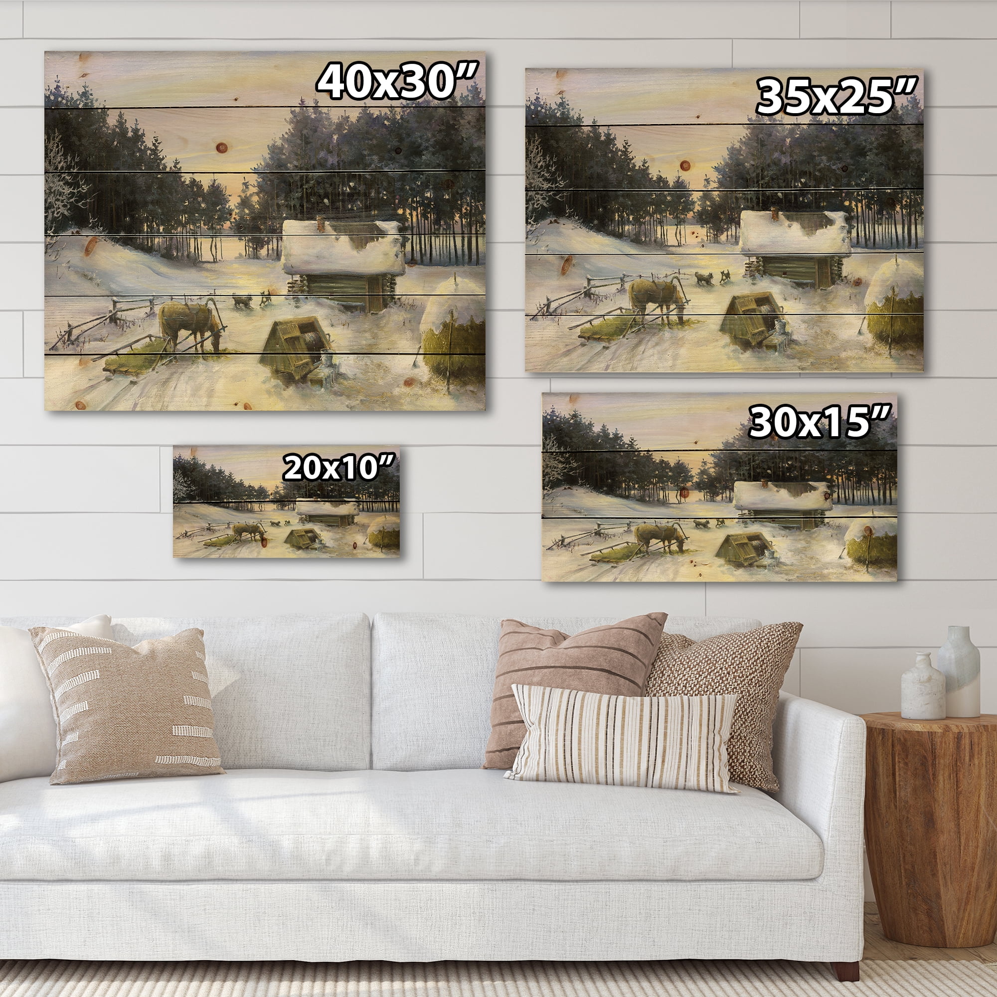 Designart 'Cottage Covered In Snow With Winterscene' Country Print on Natural Pine Wood