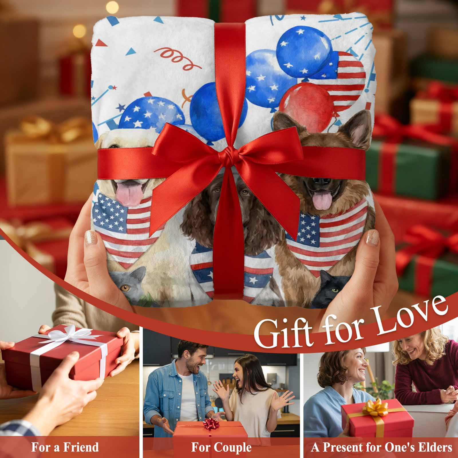 Independence Day Blanket Soft Cozy Warm Throw Blanket for Couch, Plush Fuzzy Flannel Fleece Blankets for Sofa, Red Blue Floral Dogs 4th of July Plaid Bed Blankets Lightweight Gifts for Women, 50"x60"