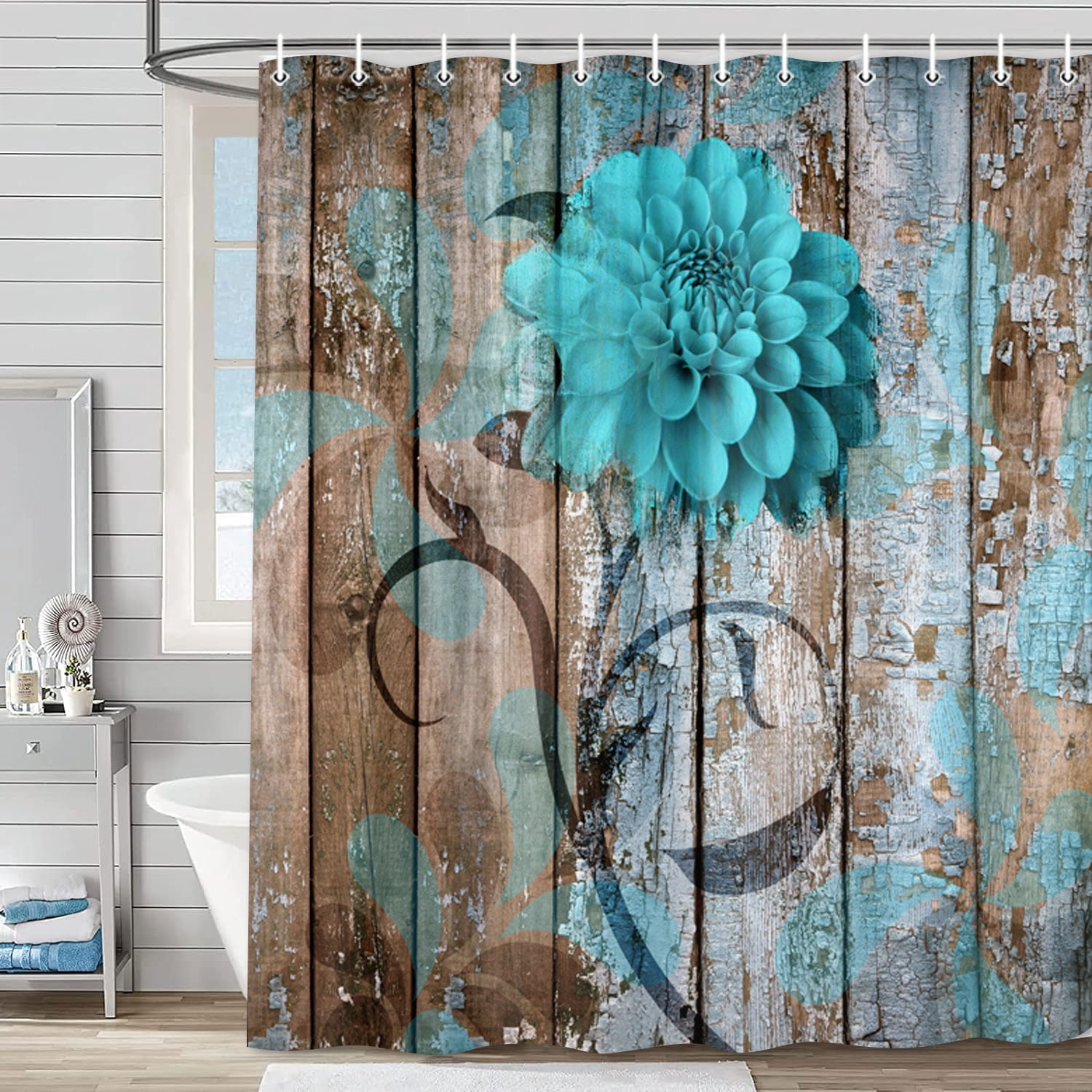 Rustic Flower Shower Curtain, Teal Floral Barn Wood Farmhouse Shower Curtain Set, Country Turquoise Blue Brown Fabric Shower Curtain with Hooks, Boho Bathroom Curtain,60X70in