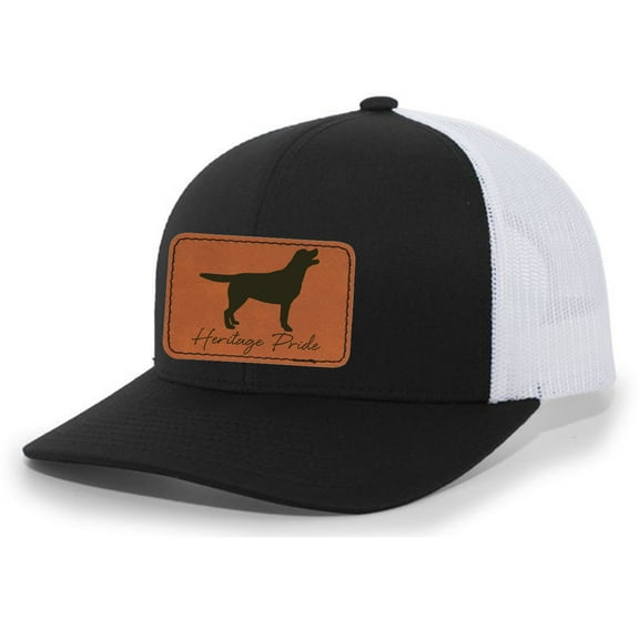 Heritage Pride Canine Collection Labrador Retriever Duck Hunting Dog Mens Engraved Leather Patch Mesh Back Trucker Hat, Black/White