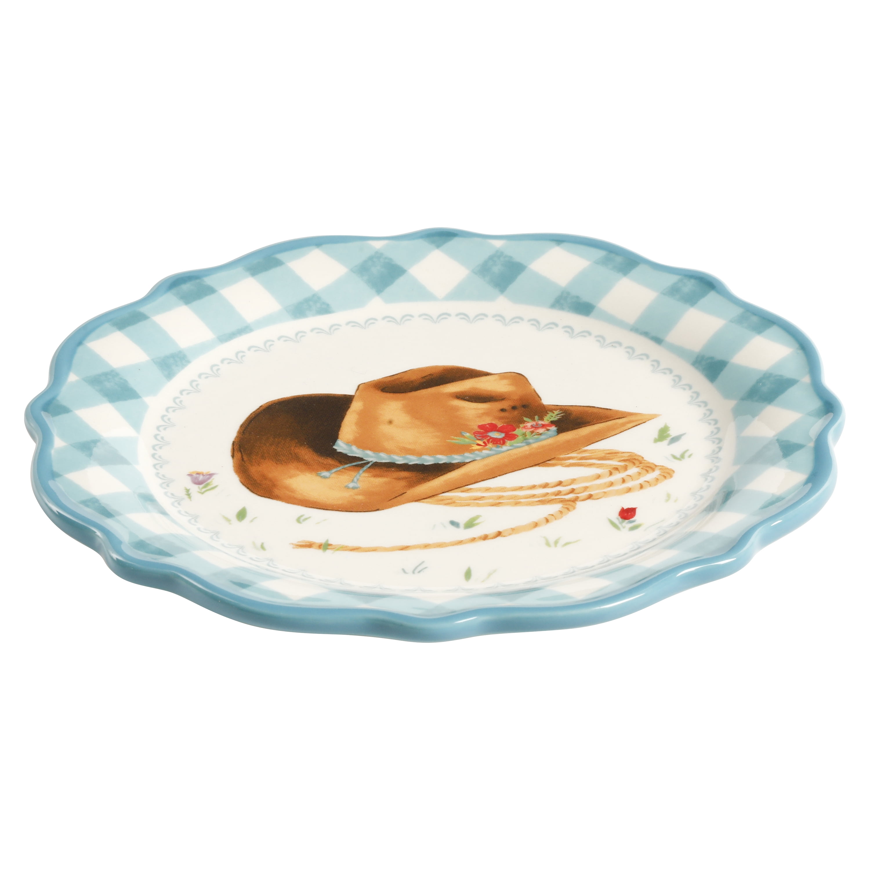 The Pioneer Woman Turquoise Gingham with Hat Decal Appetizer Plate