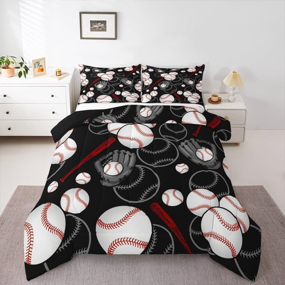 Homewish Teens Boys Sport Baseball 2pcs Bedding Comforter Set,Ball Game Twin Comforter Sets,Black White Breathable Bedding Set,Breathable Home Decor,Reversible