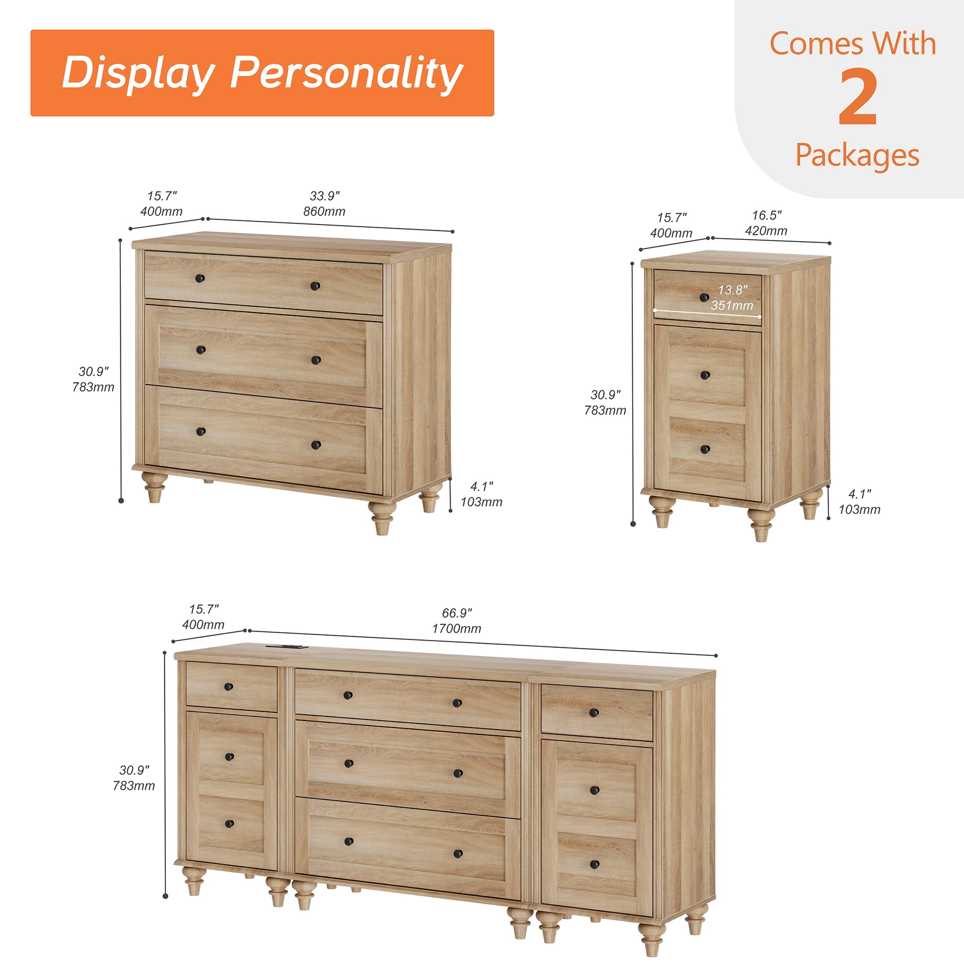 WAMPAT Modern TV Stand for 75 Inch TV, Dresser with 5 Drawers and 2 Doors, Wood Nightstands with Charging Station for Living Room Wood TV Console Table for 70 65 80 inch TV for Bedroom, Oak