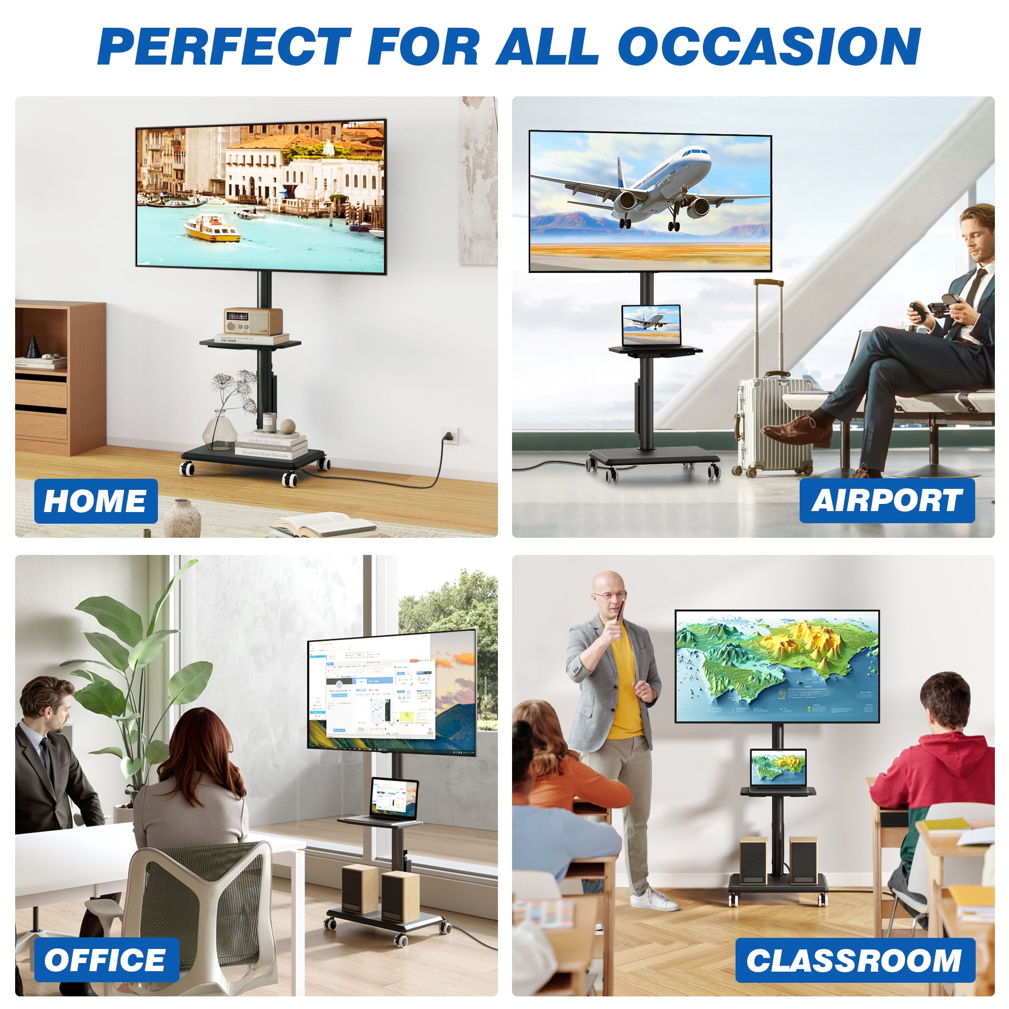 RTVR Sleek Rolling TV Stand with Power Outlet, Strong Tall Mobile TV Cart with Mount Up to 88 lbs, Height Adjustable Portable TV Stand on Wheels for 32-60 Inch TVs, Black