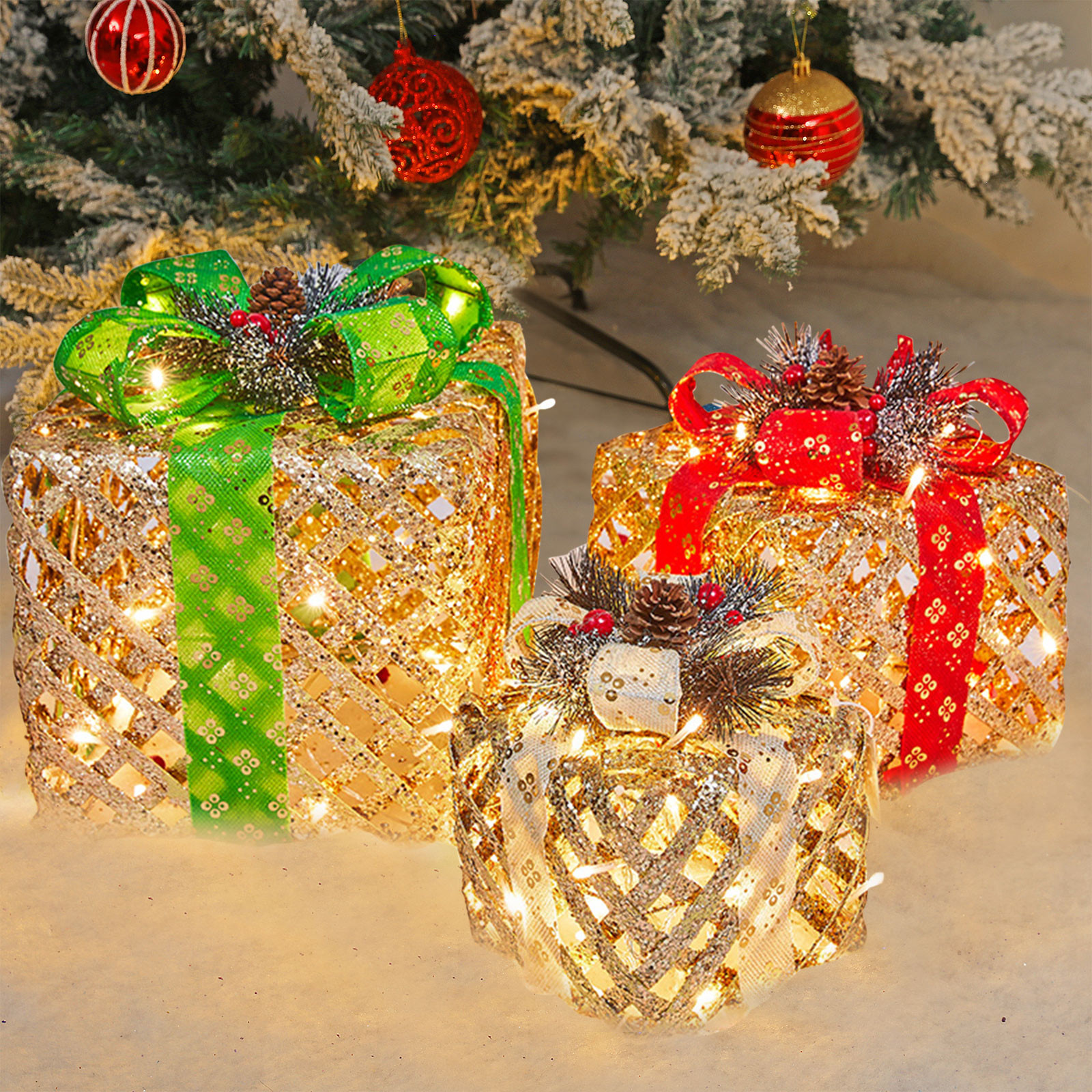 EQWLJWE Set of 3 Christmas Lighted Gift Boxes Decorations, Light Up