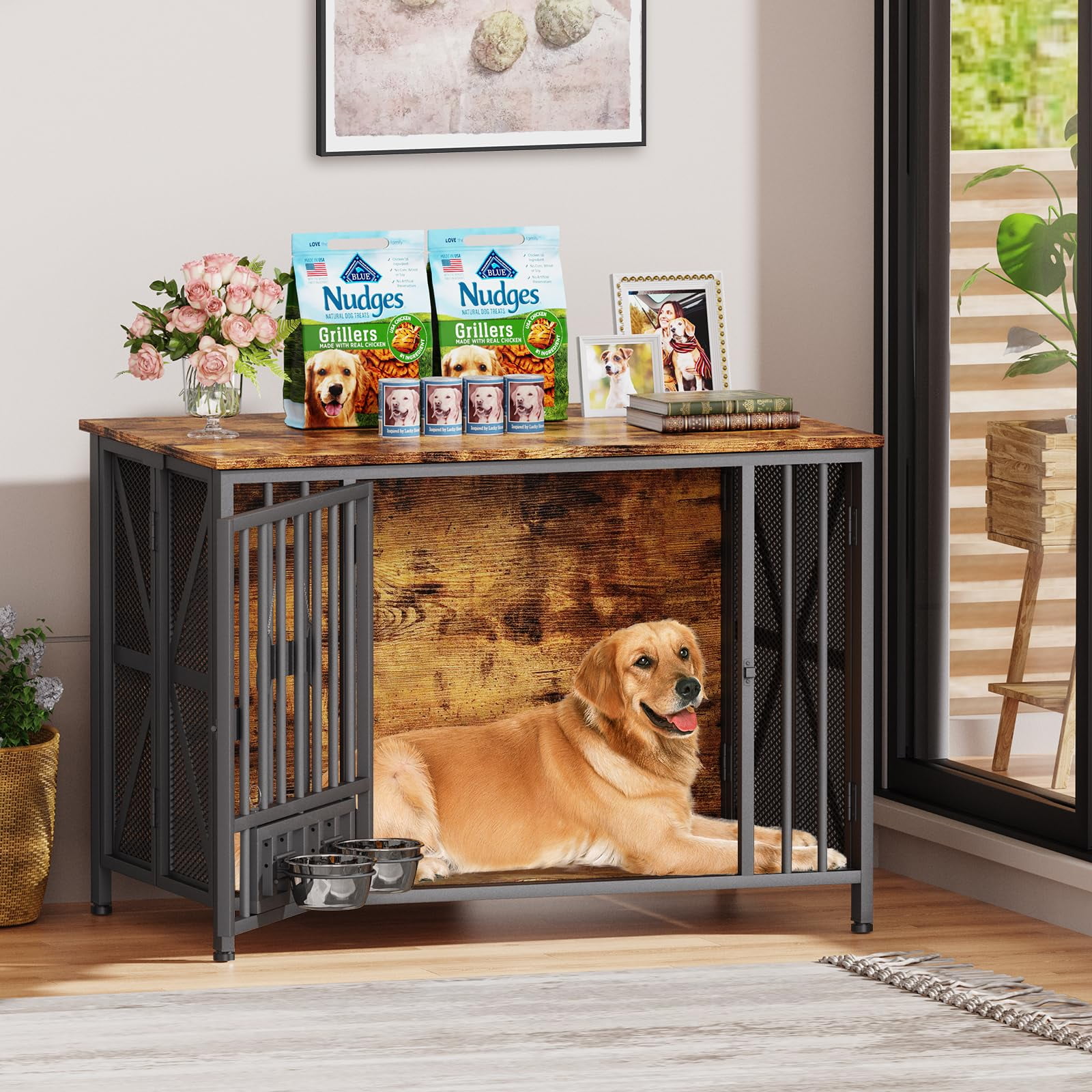 POAO Foldable Large Dog Crate Furniture, 41.3"Assembly-Free Dog Crates for Large Dogs, Wooden Dog Kennel Indoor with Tag & Dog Bowls, Rustic Brown