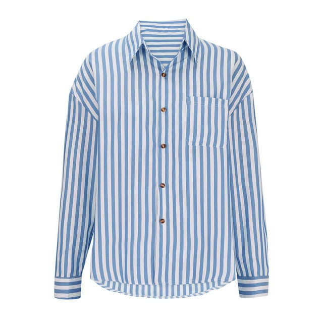 Lenpel Button down Shirts for Women Striped Long Sleeve Business Casual Oversized Collared Blouses Loose Work Tops(Blue,Medium)