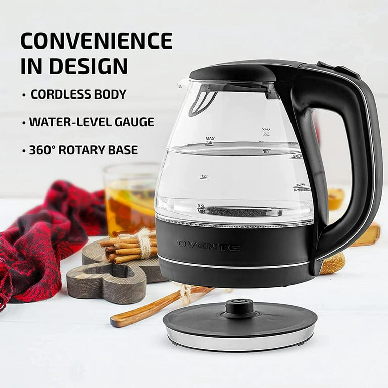 OVENTE 1.5 L Glass Electric Kettle Hot Water Boiler, Auto Shutoff, for  Coffee & Tea - Black KG83B