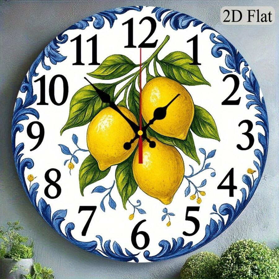 Silent Non-Ticking Round Wall Clock, Mediterranean Blue Scroll Lemon with Green Leaves Wall Clock, Italian Ceramic Style Decorative Hanging Clock for Kitchen Dining Room Home Decor