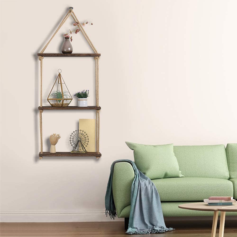 LIANTRAL Hanging Shelves 3 Tier Tiered Wood Shelves Rack Rope Shelf