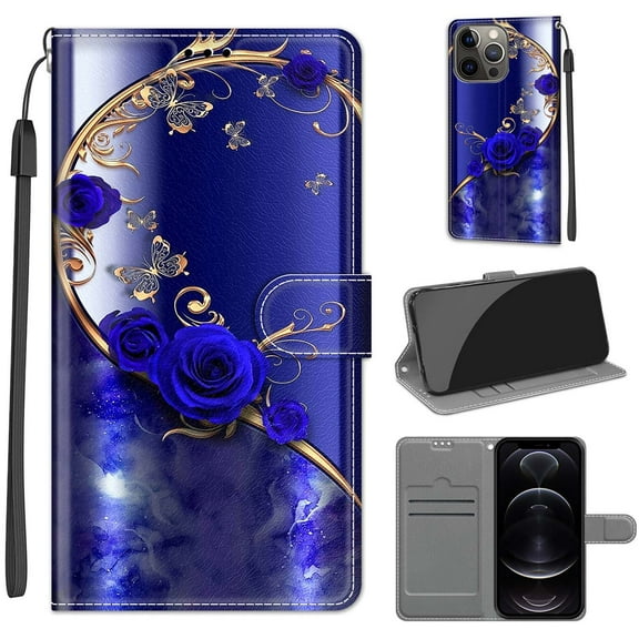 Compatible with iPhone 12 Pro Max Wallet Case for Men Women, Premium PU Leather Flip Cover with Card Holder, Wrist Strap, Kickstand Shockproof Magnetic Clasp Phone Case, Blue Rose Golden Butterfly
