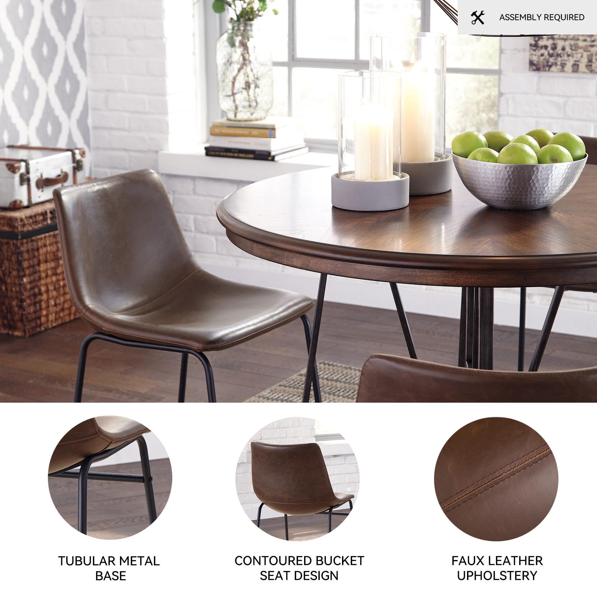 Signature Design by Ashley Centiar Mid-Century Dining Chairs Set of 2, Brown Faux Leather Bucket Seat Dining Chairs with Tubular Metal Base