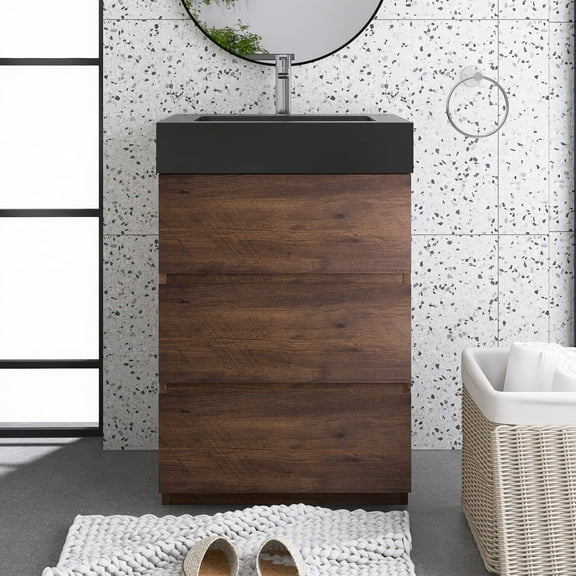 Alice 24" Large Storage Freestanding Bathroom Vanity in Walnut with Black Basin
