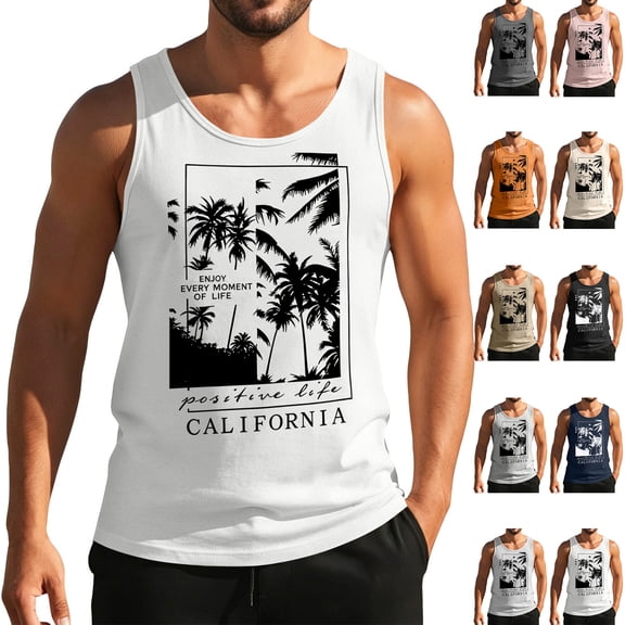 Men's California Palm Tree Graphic Tank Top with 'Enjoy Every Moment of Life' Quote and Sleeveless Muscle Shirt Featuring Vintage Summer Vibes Beige L