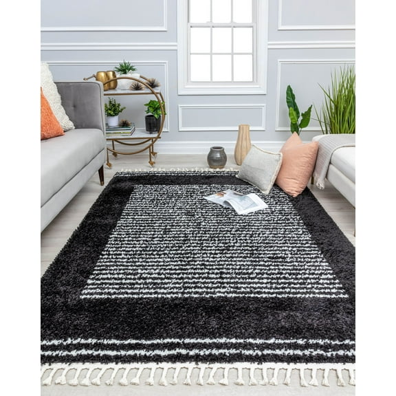 Rugs America BT35A Ebony Twilight Stripe Shag Black Area Rug, 2'6" x 4'