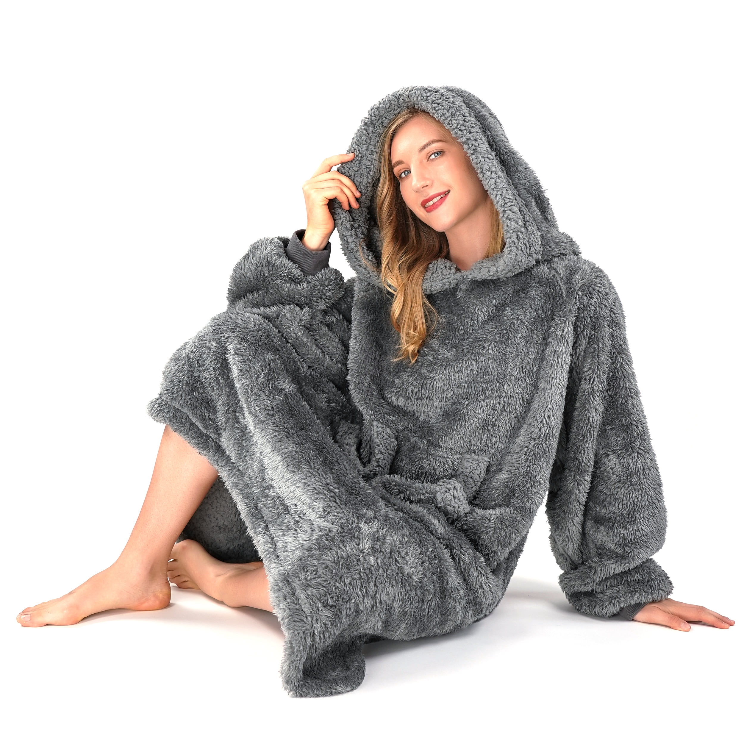 Winthome Wearable Blanket Hoodie Oversized Big Hooded Blanket Soft Warm  Sweatshirt Sherpa Fleece Gray with Pockets for Unisex 4.3-5.9ft -  Walmart.com