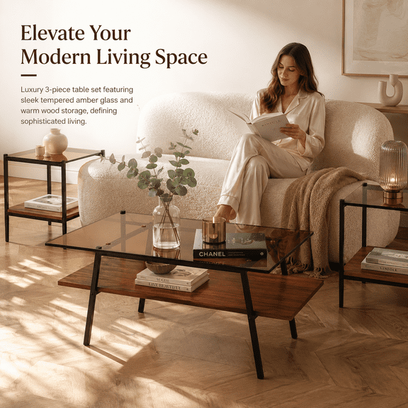 Tempered Glass Coffee Table Set with End Tables, Brown, 3-Piece