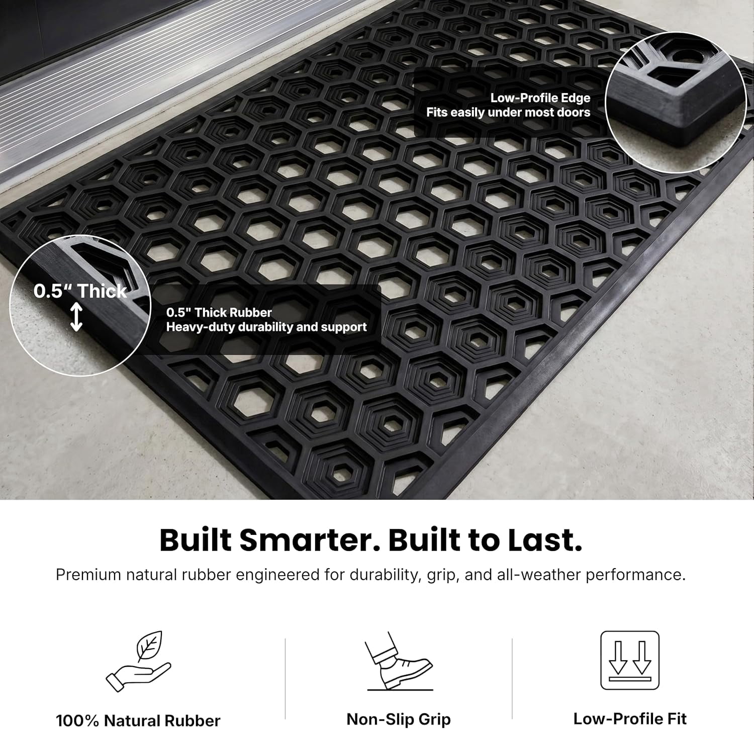 SUBHERA Heavy Duty Rubber Door Mat, Non-Slip Drainage, Outdoor All-Weather, 25x39 Inches