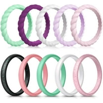 Mokani Silicone Wedding Ring for Women, 10-Pack Thin and Braided Rubber Band, Size 10