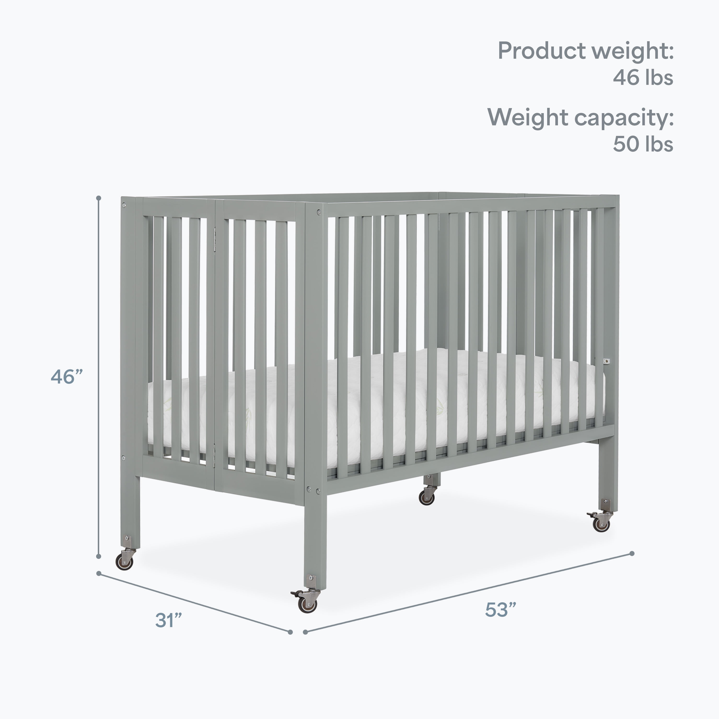Dream On Me Quinn Full-Size Folding Crib, Removable Wheels, Modern Nursey, Adjustable Mattress Support, Patent Folding System in Cool Gray