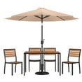 thumbnail image 2 of Emma + Oliver 7 Piece Patio Table Set - 4 Synthetic Faux Teak Stackable Chairs - 30" x 48" Faux Teak Table - Tan Umbrella with Base, 2 of 17