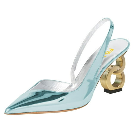 

FSJ Women Fashion Clear Pointed Toe Slingback Chic V-shape Cutout Sandals Slip On Elastic Strap Unique Chain Heels Pumps Party Dress Shoes Size 10.5 Blue
