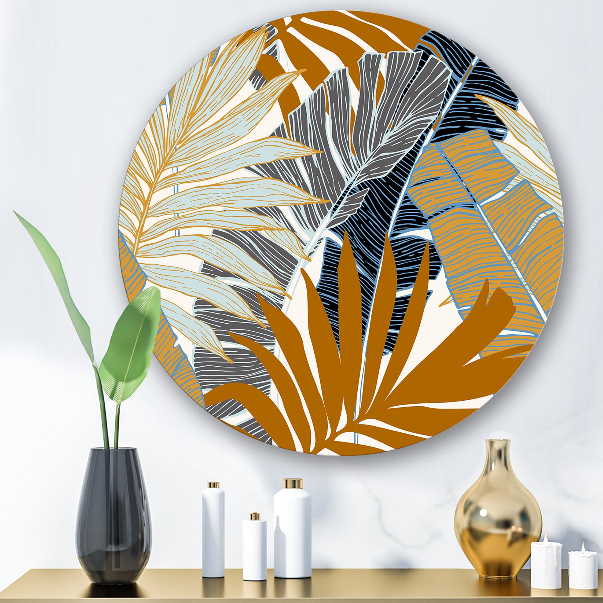 Designart 'Abstract Tropical Summer Banana Leaves and Palm Tree' Modern Circle Metal Wall Art 11x11 - Disc of 11
