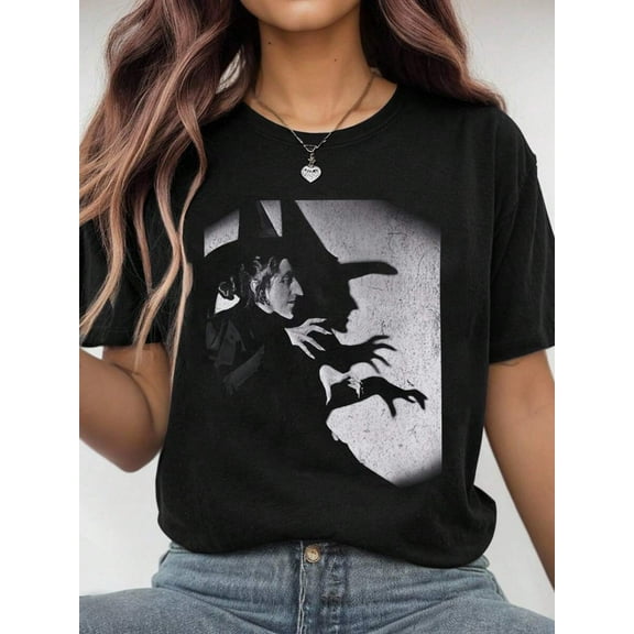 ROSE Witch Shadow Halloween Wizard Of Oz Movie Casual Fashion Printed T-Shirt, Women's Round Neck T-Shirt, Suitable For Spring And Summer