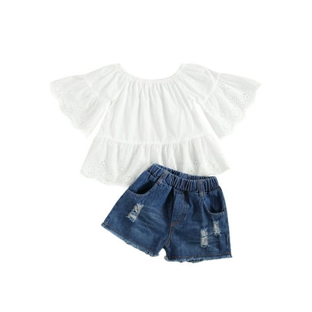 

Canrulo Toddler Kids Baby Girl Solid Color Ruffles Sleeve T-shirt Denim Short Pants Set White 3-4 Years