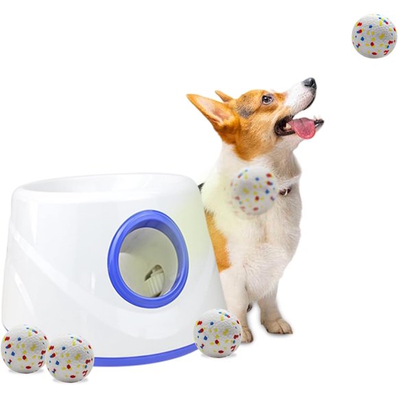 Dog Ball Thrower Launcher, Automatic Ball Launcher for Dogs, 3 Adjustable Distance Settings, Indoor OutdoorInteractive Toy, with 3 2.3-inch Balls, Small/Medium Sized Dog Thrower