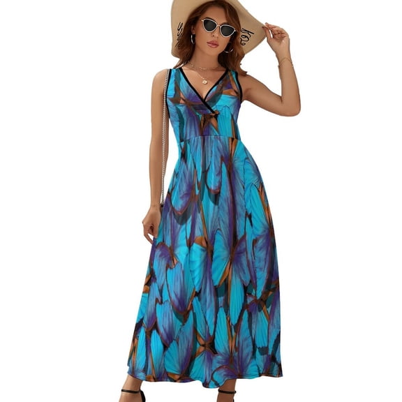 Beautiful Blue Different Butterflys Womens Night Club Maxi Dress V Neck Sleeveless Bohemia Long Dresses