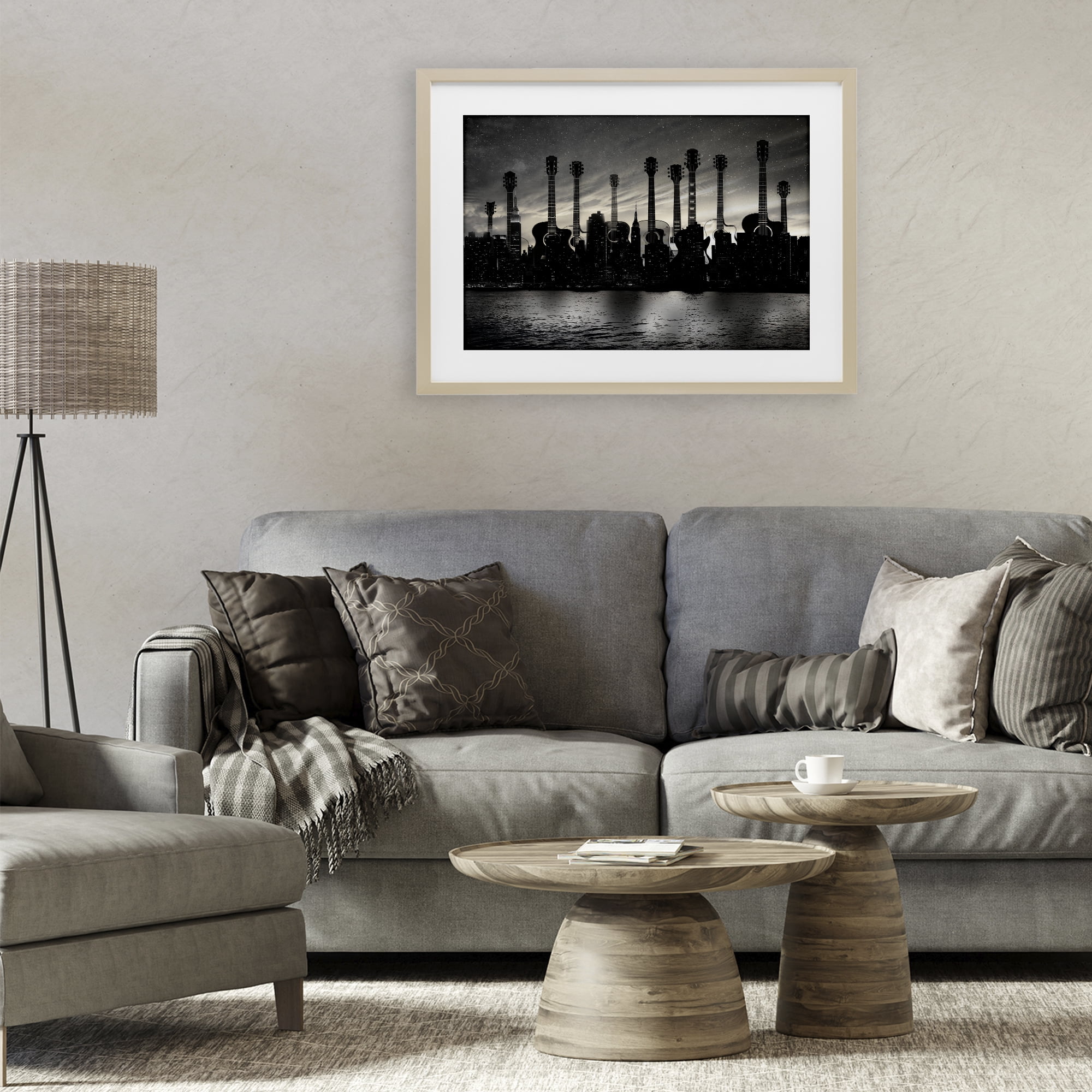 Stupell Industries Guitar Skyline Cityscape Birch Framed Print Under Glass, design by CAD Designs