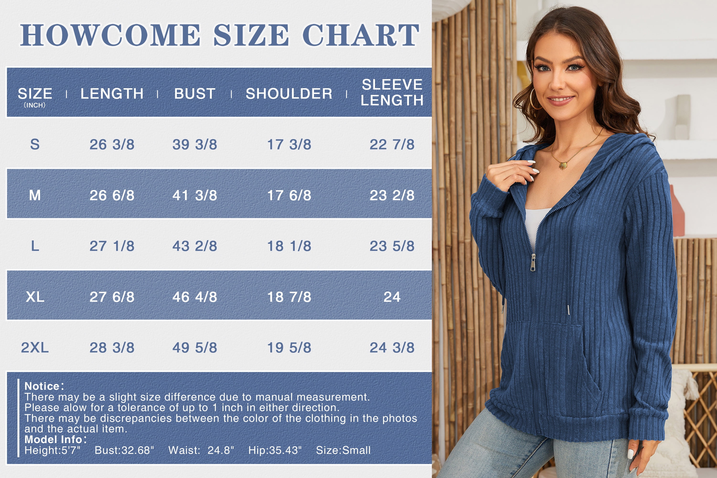 HOWCOME Women Casual Full Zip Up Hoodie - Comfortable Brushed Ribbed Knit Long Sleeve Sweatshirt Jacket with Pockets Royal Blue X-Large